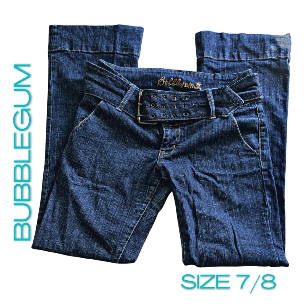 Bubblegum Vintage Dark Wash Flare Jeans Denim Belt Size 7/8 Juniors